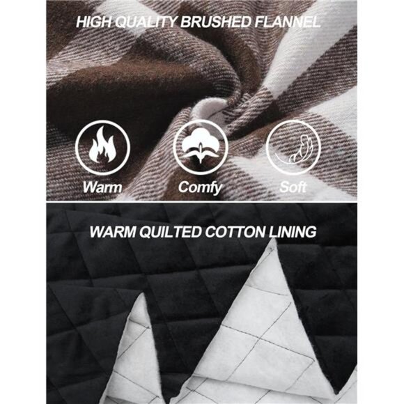 Men's Flannel Shirt Jacket Quilted Lined Plaid Jacket Long Sleeve Shacket - Picture 4 of 7